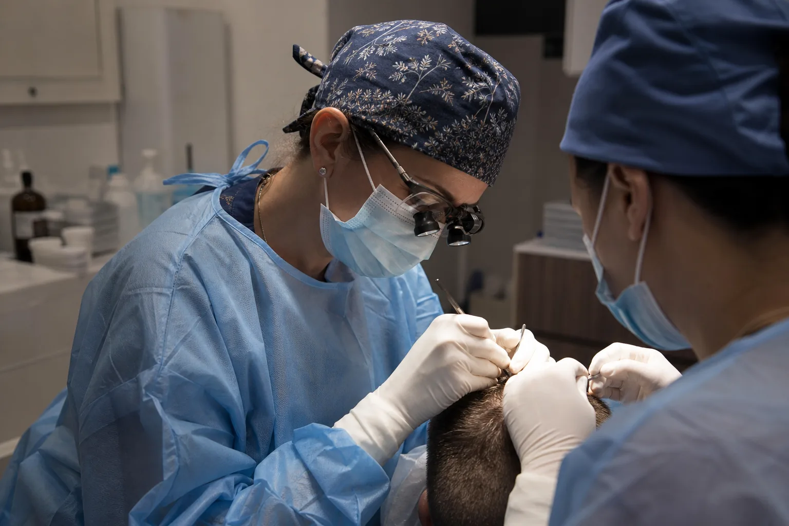 Surgeon wearing loupes performing a hair transplant with an assistant