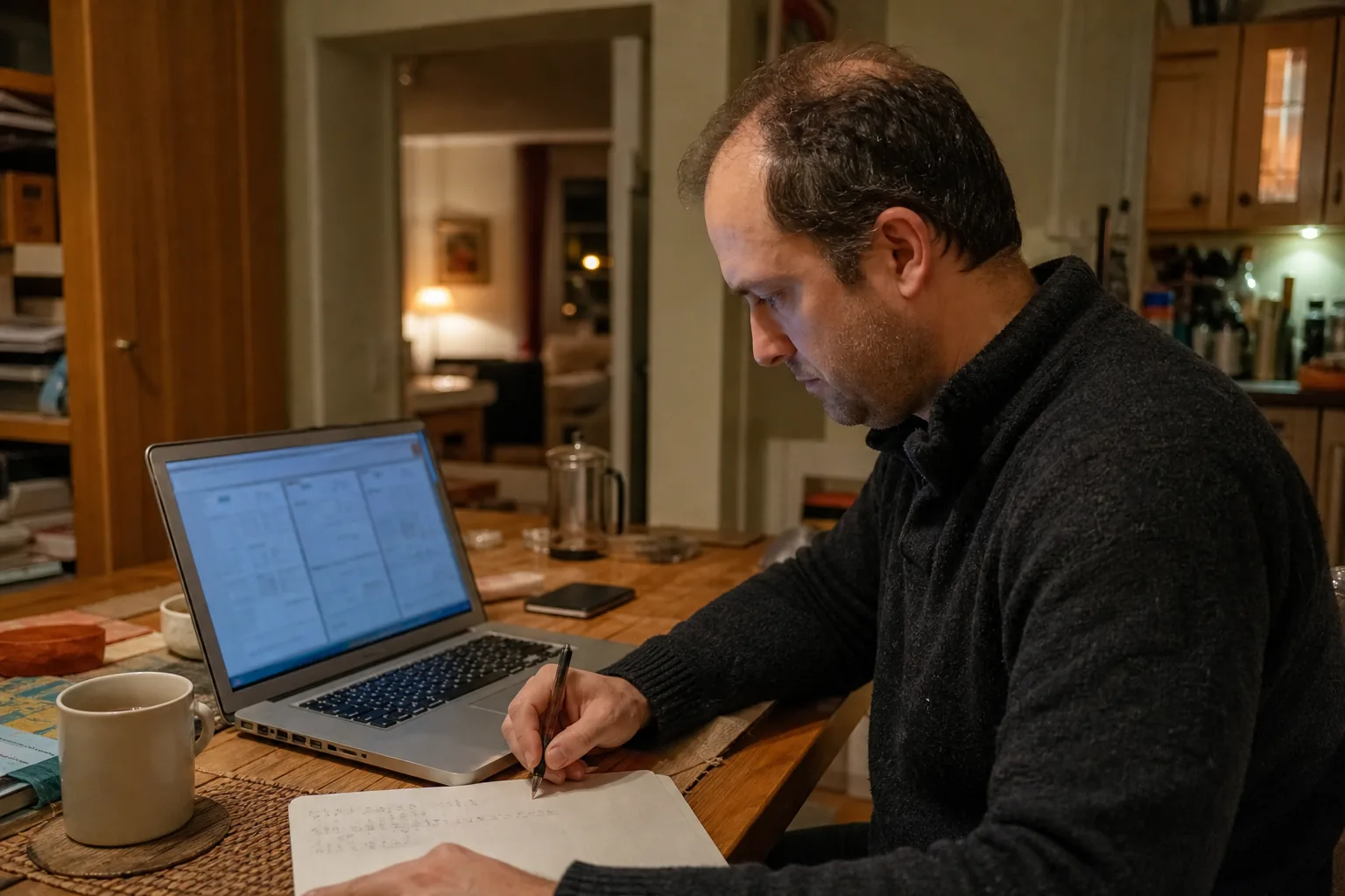 Man at home comparing hair transplant clinic quotes on a laptop