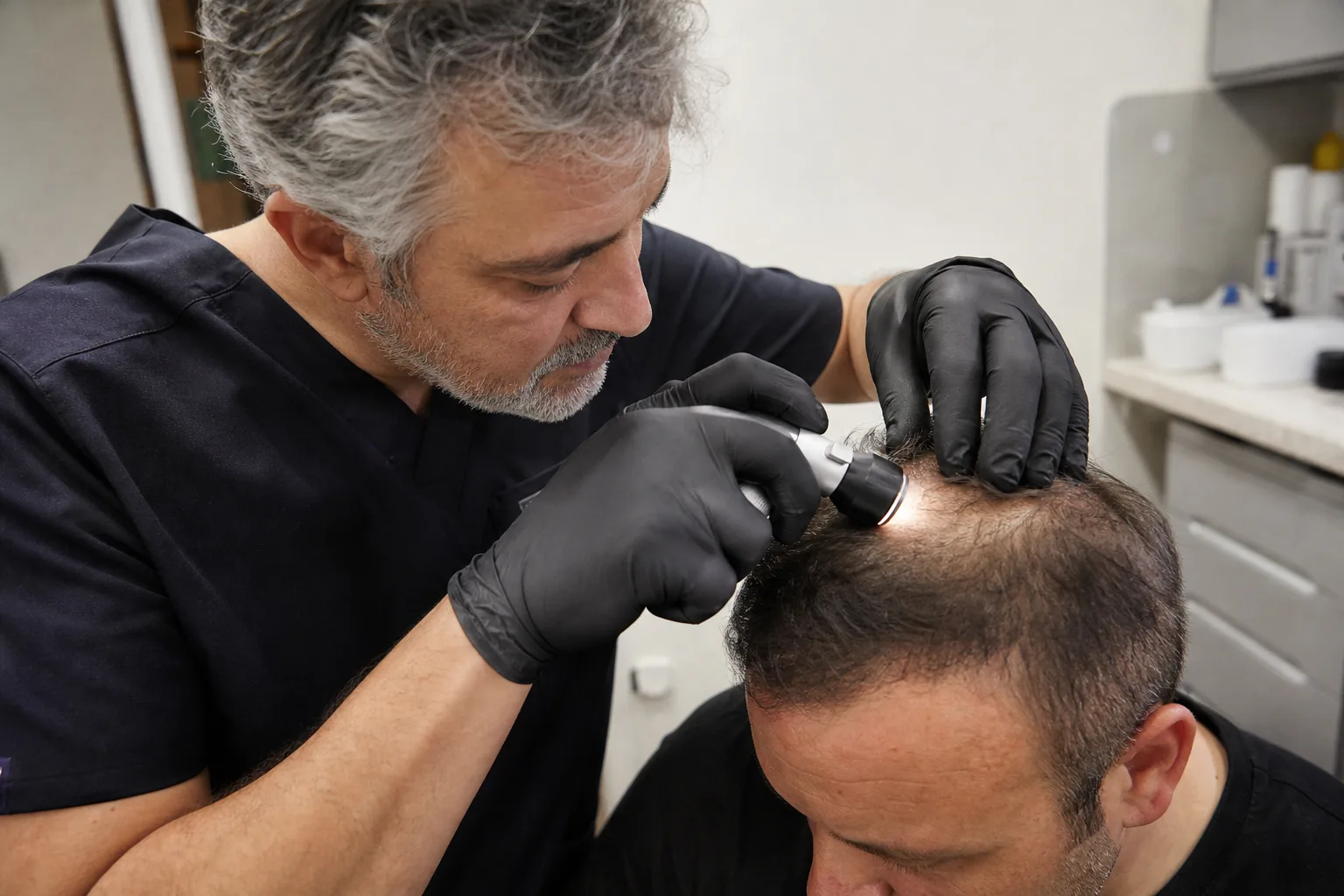 Surgeon examining the hairline and crown of an adult male patient