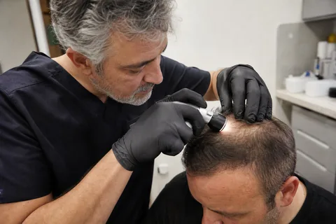 Surgeon examining the hairline and crown of an adult male patient